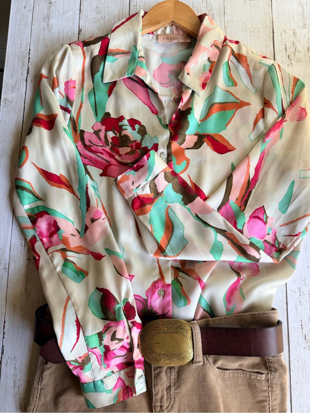 Philosophy Cream Floral Button-Down Blouse with Pink & Mint Accents